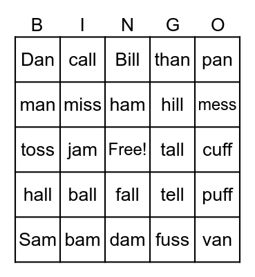Bingo Glued Sound -am, -an, -all and Bonus Letters -ll, ss, ff Bingo Card