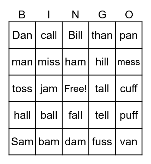 Bingo Glued Sound -am, -an, -all and Bonus Letters -ll, ss, ff Bingo Card