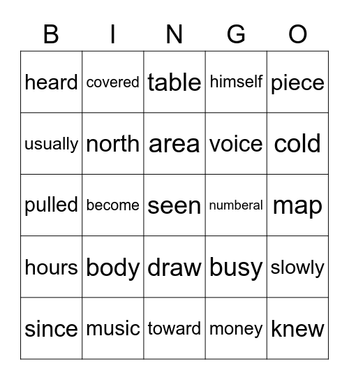 Sight Words Bingo Card