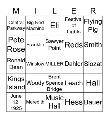 Miller Family Bingo Card
