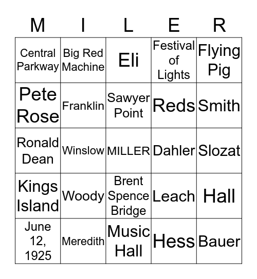 Miller Family Bingo Card