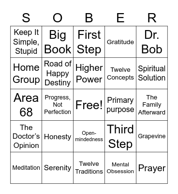 A A Bingo/SOBER Bingo Card