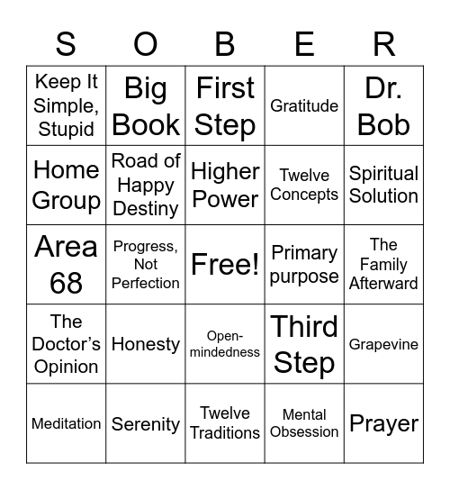 A A Bingo/SOBER Bingo Card