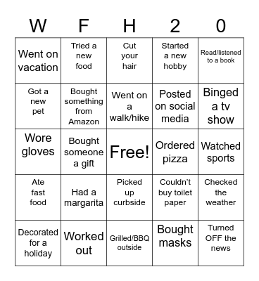 COVID WFH 2020 Bingo Card