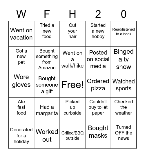 COVID WFH 2020 Bingo Card