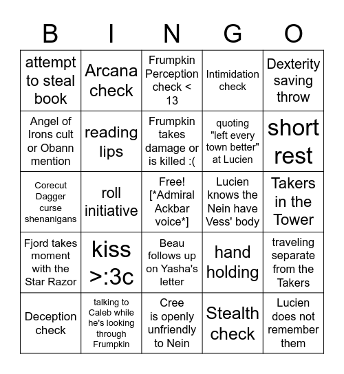 Nine Eyes, The Better To See You With, My Dear [Critical Role 2.116] Bingo Card