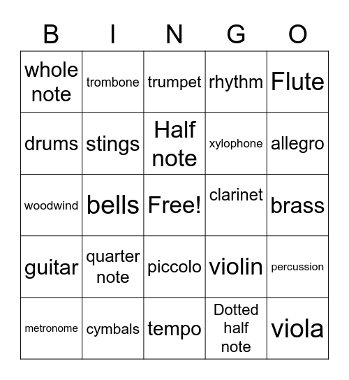 music bingo Card