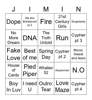 BTS Songs (Callum) Bingo Card
