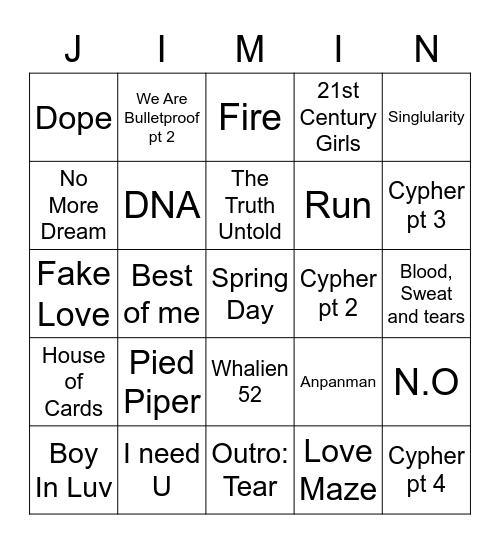 BTS Songs (Callum) Bingo Card