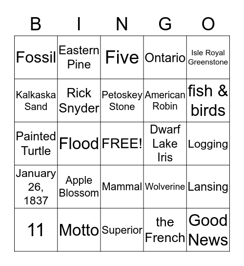 Our Michigan Adventure Bingo Card