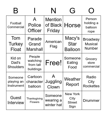 Macys Thanksgiving Day Parade 2020 Bingo Card