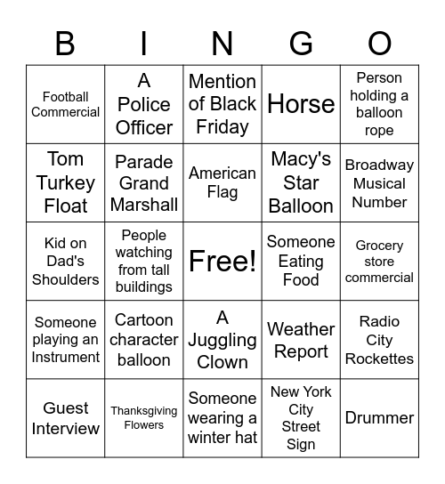 Macys Thanksgiving Day Parade 2020 Bingo Card