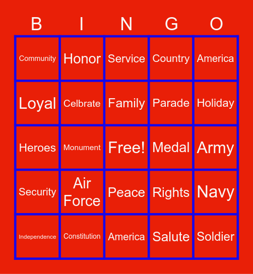 Veteran's Day BINGO Card