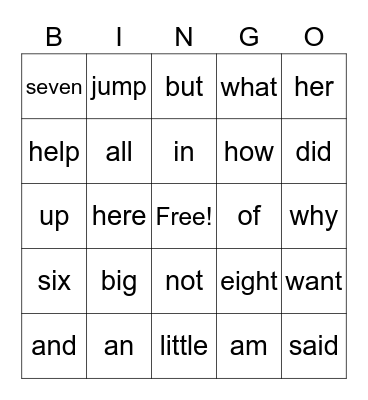 Sight words Bingo Card