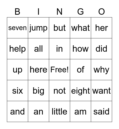 Sight words Bingo Card