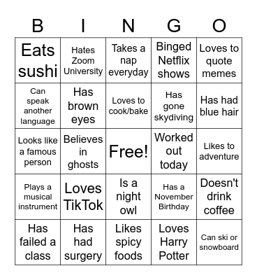 GET TO KNOW YOU BINGO FIND SOMEONE WHO.. Bingo Card