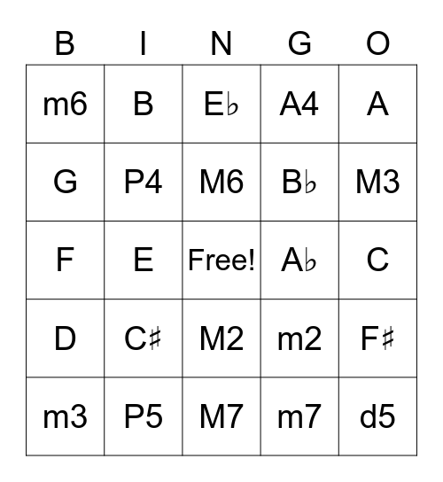 Intervals Practice Bingo Card