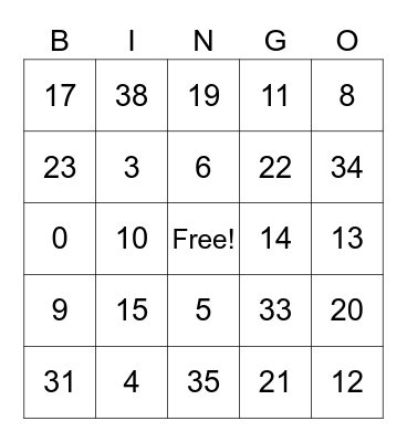 Numeros 0-39 Bingo Card