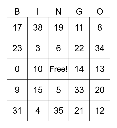 Numeros 0-39 Bingo Card