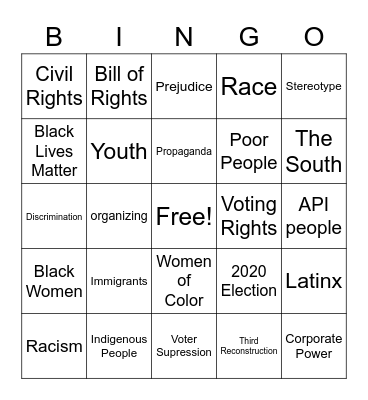 FACING RACE Watch Party BINGO Card