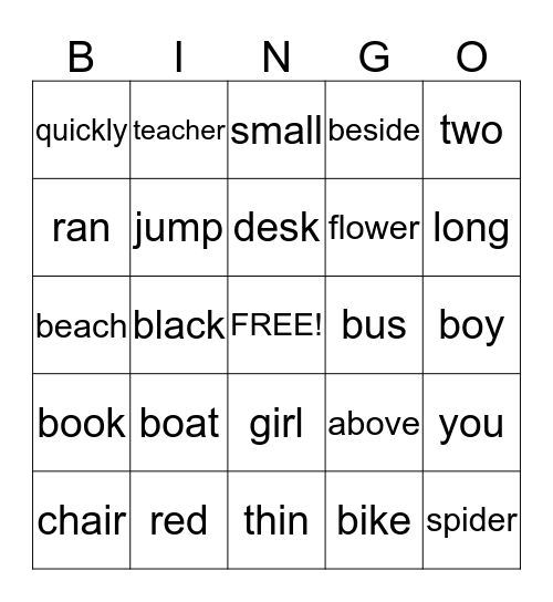 Nouns and Verbs Bingo Card