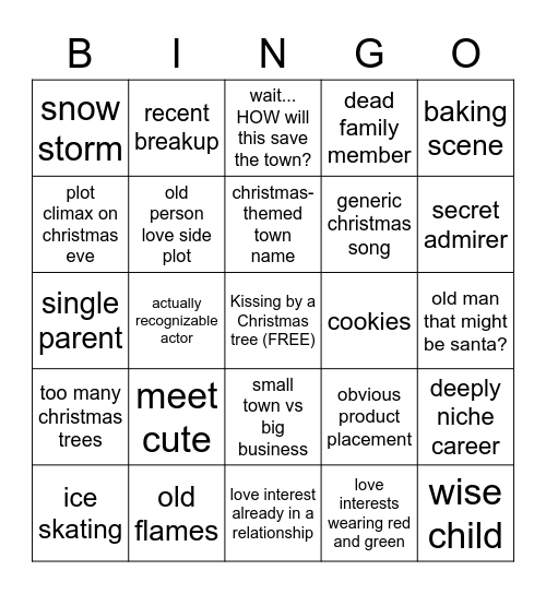 Lifetime Christmas Movie Bingo Card