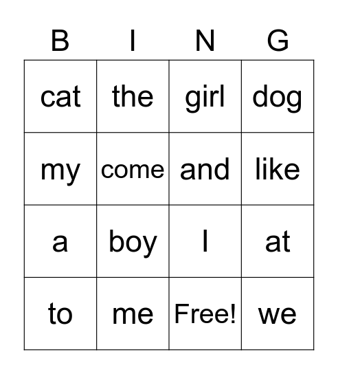 sight words #1 Bingo Card