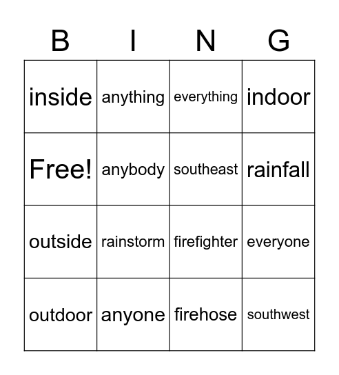 Compound Words Bingo Card