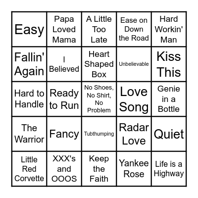 Songs A to Z! Bingo Card