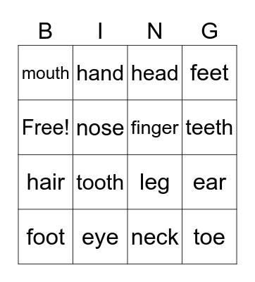body parts Bingo Card