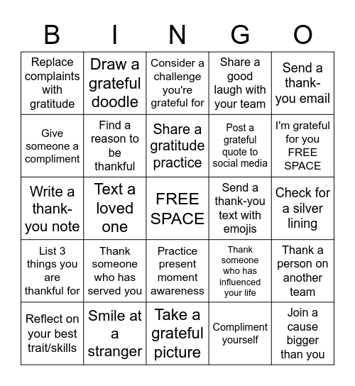 Gratitude Bingo Card