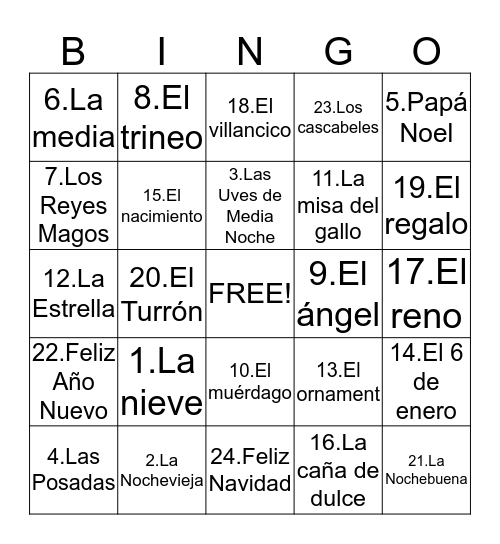Spanish Bingo Card