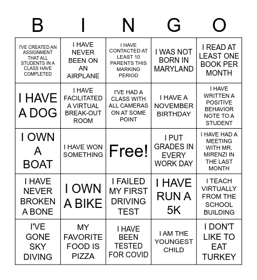 New Teacher Bingo Card