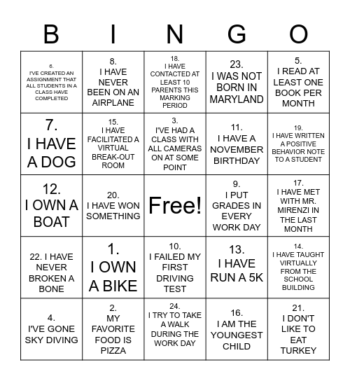 New Teacher Bingo Card