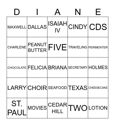 DIANE'S 49TH PRE-BIRTHDAY GATHERING Bingo Card