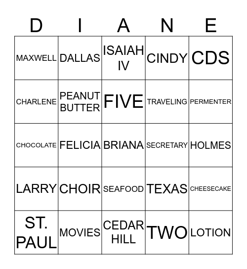 DIANE'S 49TH PRE-BIRTHDAY GATHERING Bingo Card