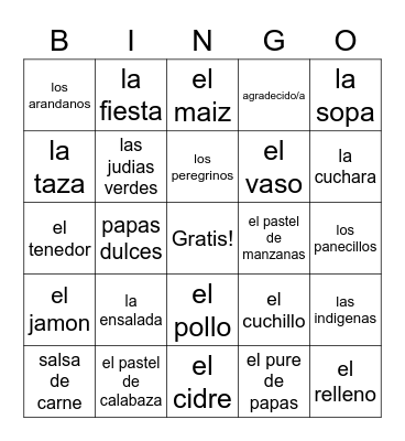 El dia de accion de gracias Bingo Card