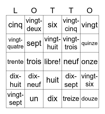 French numbers 0-31 Bingo Card