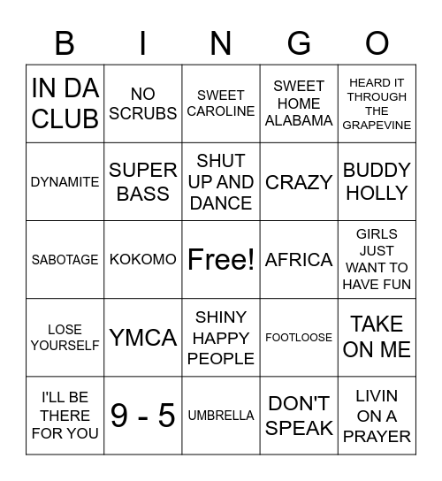 Name That Tune Bingo Card
