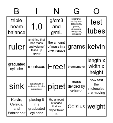 Measuremnt Bingo Card