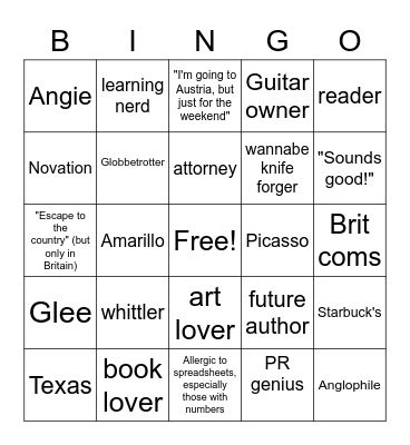 Angie Bingo Card