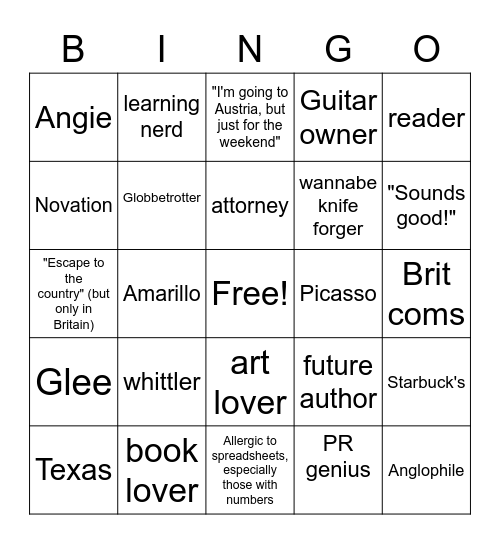 Angie Bingo Card