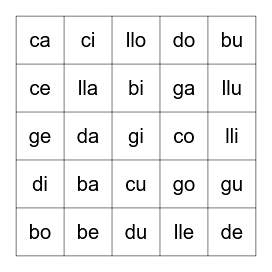 silabas ba/ca/ga/lla/da Bingo Card