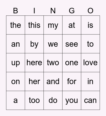 Kindergarten Sight Words Bingo Card