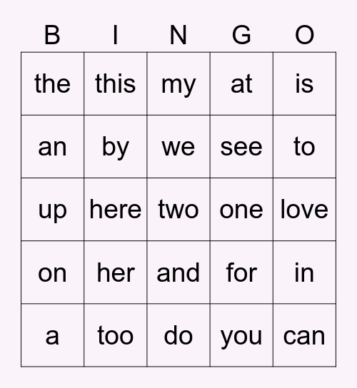 Kindergarten Sight Words Bingo Card