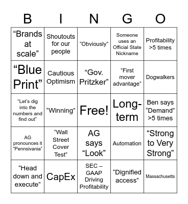 Earnings Call Bingo Card