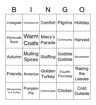 Thanksgiving Bingo Card