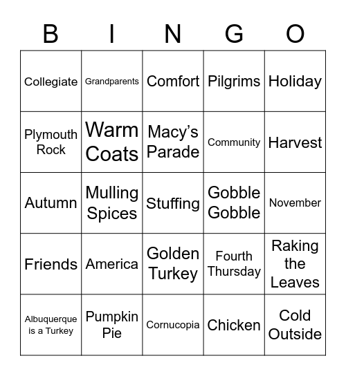 Thanksgiving Bingo Card