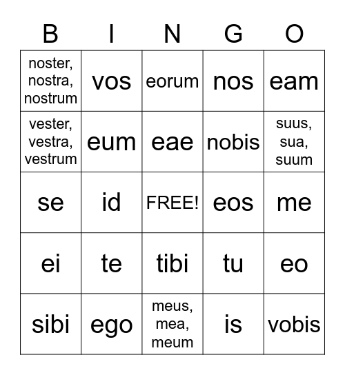 Latin Personal Pronouns Bingo Card