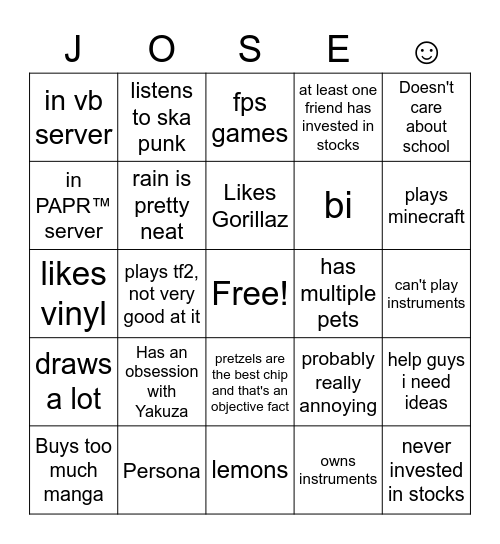 Jose's Flower Bingo Card